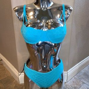 NWT Bright Blue Floral Like Design Bikini Set
